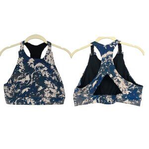 Lolë blue white swirl high  impact sports bra women’s LG *shortened straps*